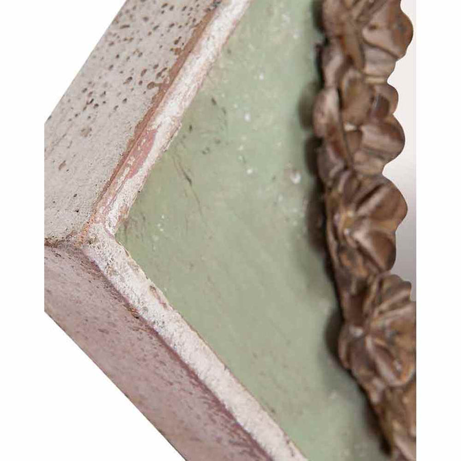 Vintage stílusú, virág kerettel díszített, antik zöld színű fa asztali fényképtartó