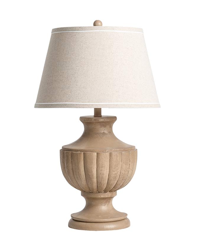 Prémium kategóriás, fa hatasú műgyantából készült nagyméretű, natúr színű asztali lámpa, lenvászon lámpaernyővel