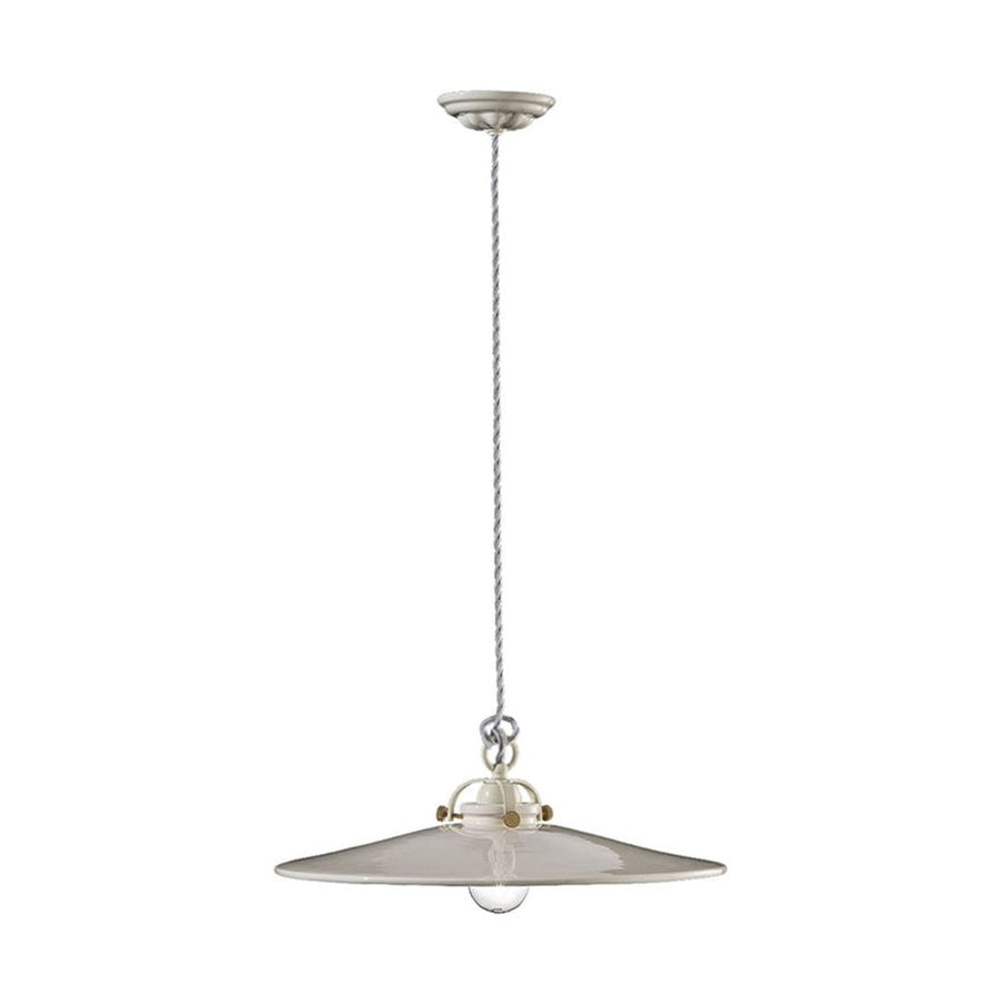 Vidéki stílusú, mázas fémből és mázas kerámiából készült, textilburkolatú vezetékkel kialakított, kézműves függeszték lámpa.