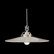 Vidéki stílusú, mázas fémből és mázas kerámiából készült, textilburkolatú vezetékkel kialakított, kézműves függeszték lámpa.