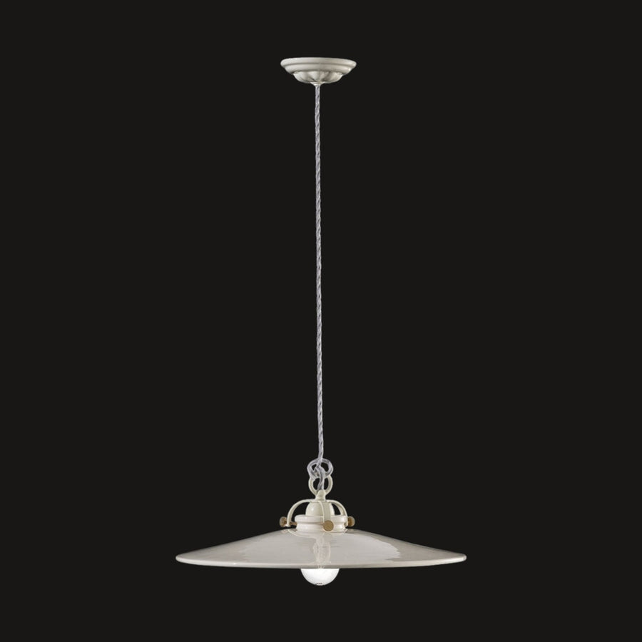 Vidéki stílusú, mázas fémből és mázas kerámiából készült, textilburkolatú vezetékkel kialakított, kézműves függeszték lámpa.