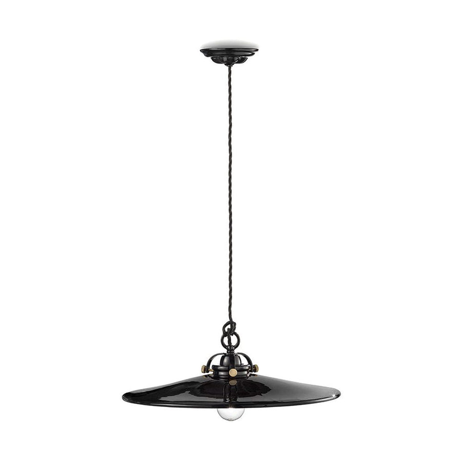 Vidéki stílusú, mázas fémből és mázas kerámiából készült, textilburkolatú vezetékkel kialakított, kézműves függeszték lámpa.