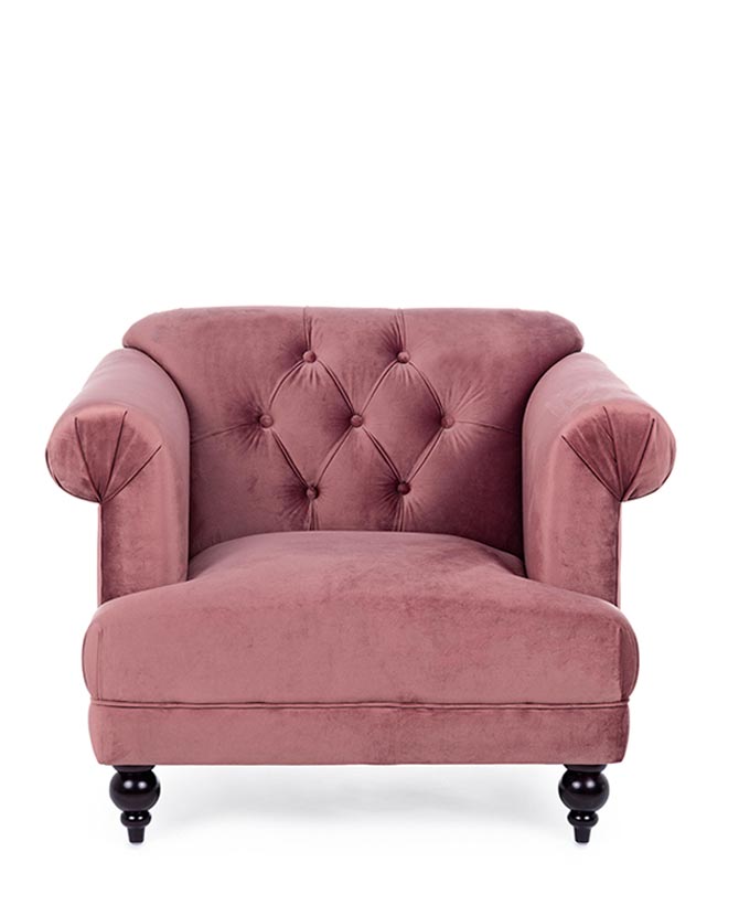 Galamour stílusú, antik pink színű bársonnyal kárpitozott fotel.
