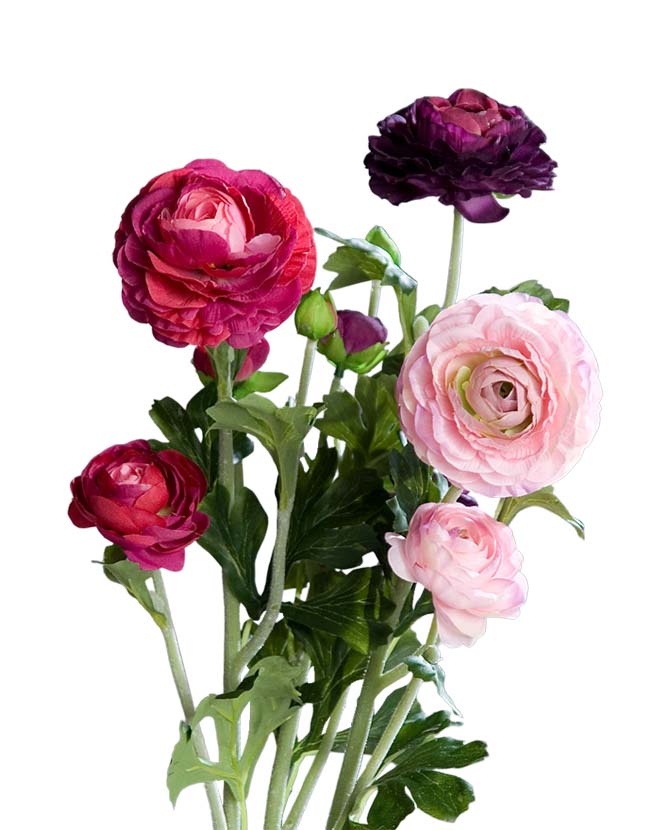 Fukszia, pink és lila színű, 3 különálló szálból álló mű boglárka mix, nyílt és bimbos virágfejekkel.