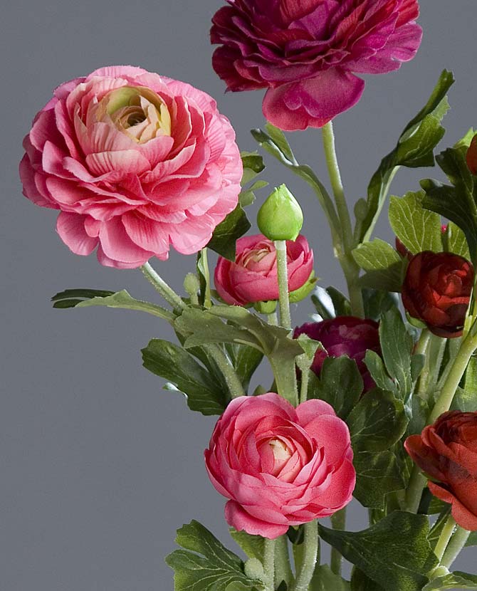 Fukszia, pink és piros színű, 3 különálló szálból álló mű boglárka mix, nyílt és bimbos virágfejekkel.