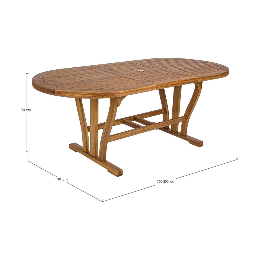 Akácfából készült, 150 cm-ről 200 cm hosszúságra bővíthető kültéri étkezőasztal.