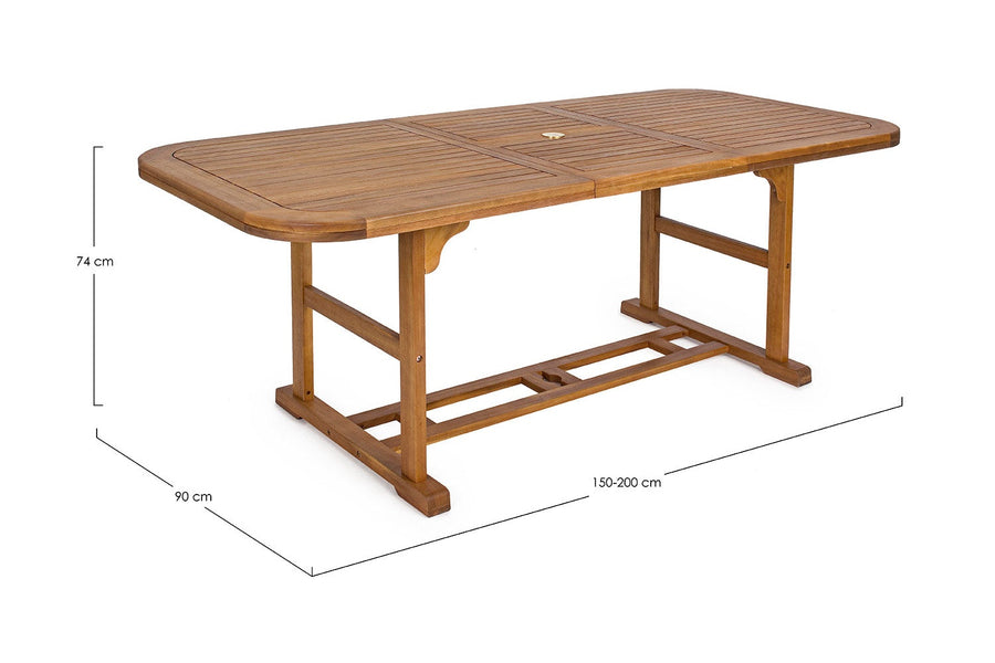 Akácfából készült, 150 cm-ről 200 cm hosszúságra bővíthető kültéri étkezőasztal.