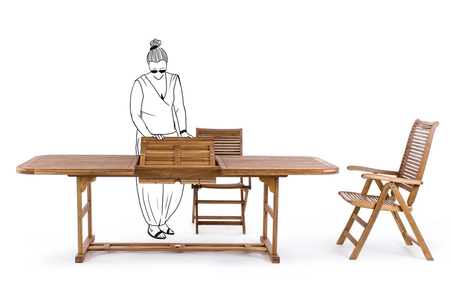 Akácfából készült, 180 cm-ről 240 cm hosszúságra bővíthető kültéri étkezőasztal .