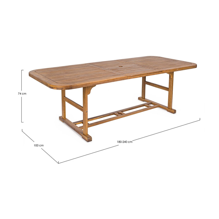 Akácfából készült, 180 cm-ről 240 cm hosszúságra bővíthető kültéri étkezőasztal .