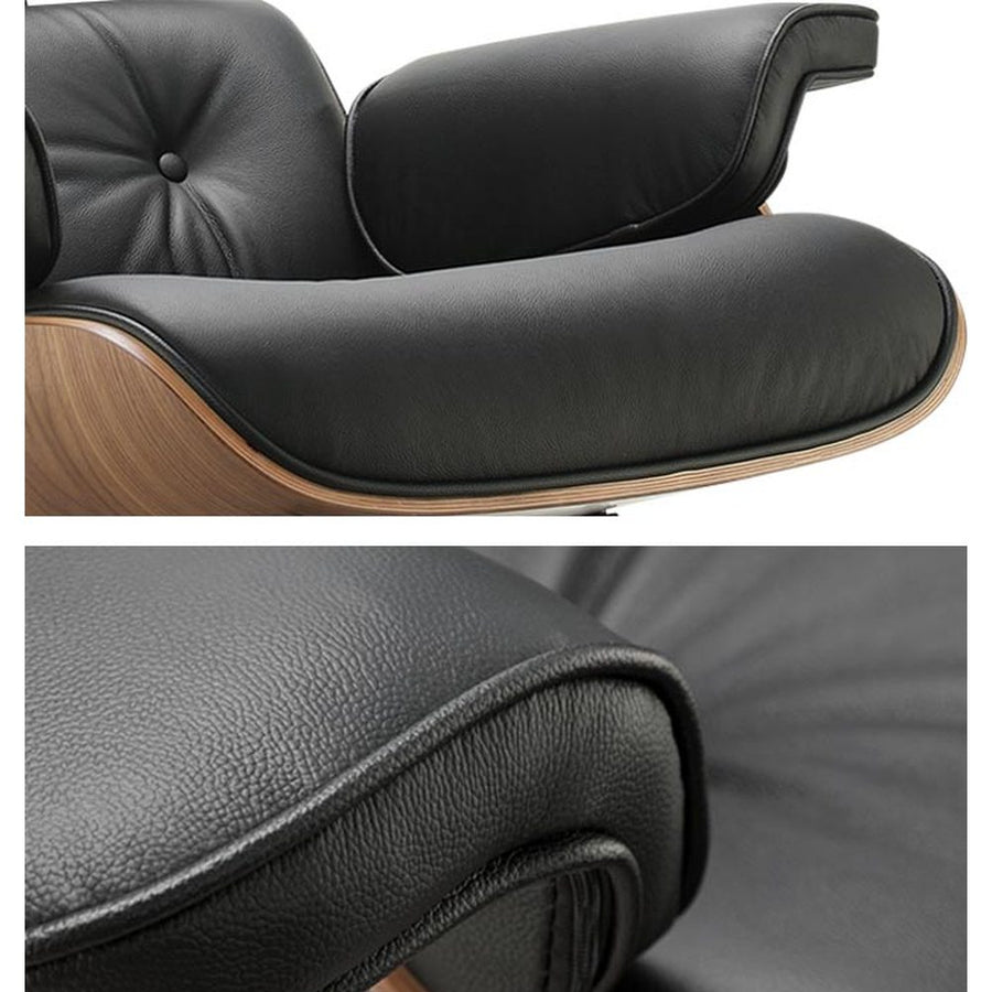 Eames Lounge Chair inspirálta pihenő fotel dió furnér fafelülettel, bőr kárpittal.