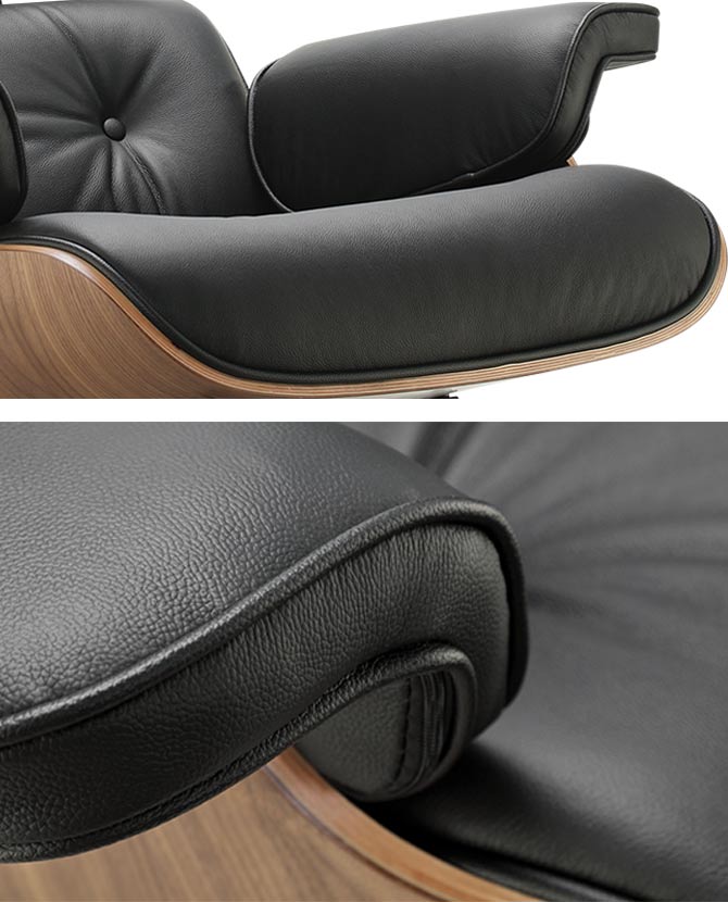 Eames Lounge Chair inspirálta pihenő fotel dió furnér fafelülettel, bőr kárpittal.