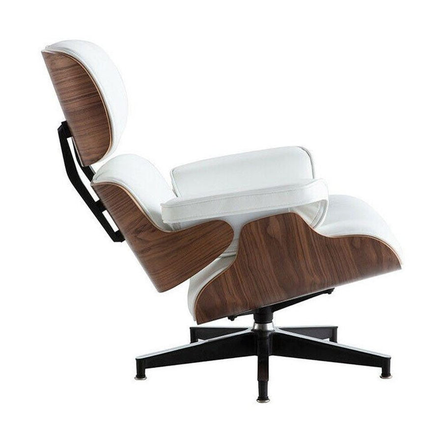 Eames Lounge Chair inspirálta pihenő fotel dió furnér fafelülettel, fehér bőr kárpittal.