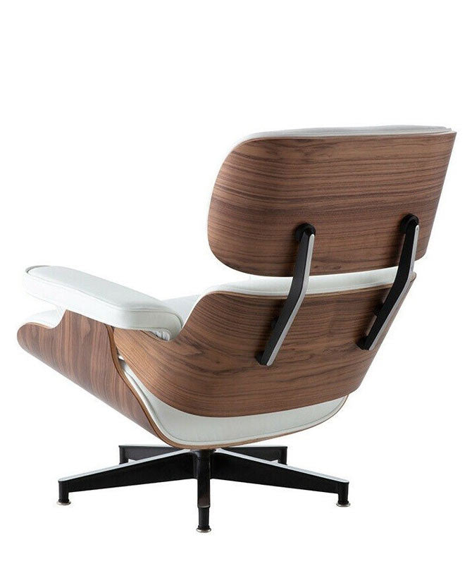 Eames Lounge Chair inspirálta pihenő fotel dió furnér fafelülettel, fehér bőr kárpittal.