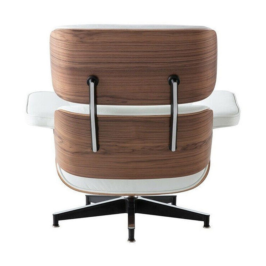 Eames Lounge Chair inspirálta pihenő fotel dió furnér fafelülettel, fehér bőr kárpittal.