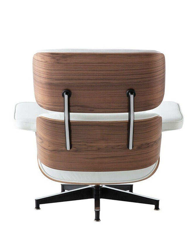Eames Lounge Chair inspirálta pihenő fotel dió furnér fafelülettel, fehér bőr kárpittal.