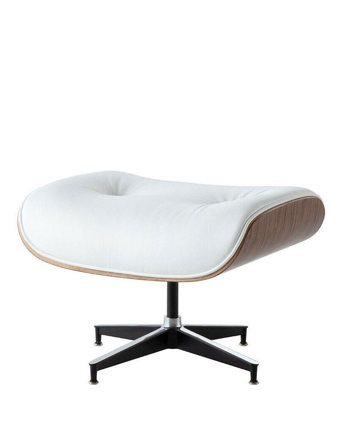 Eames Lounge Chair inspirálta ottomán dió furnér fafelülettel, fehér bőr kárpittal.