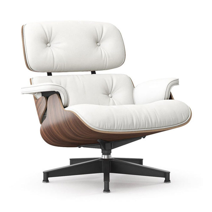 Eames Lounge Chair inspirálta pihenő fotel dió furnér fafelülettel, fehér bőr kárpittal.