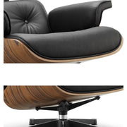 Eames Lounge Chair inspirálta pihenő fotel és ottomán rózsafa furnér fafelülettel, fekete bőr kárpittal.