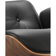 Eames Lounge Chair inspirálta pihenő fotel és ottomán rózsafa furnér fafelülettel, fekete bőr kárpittal.