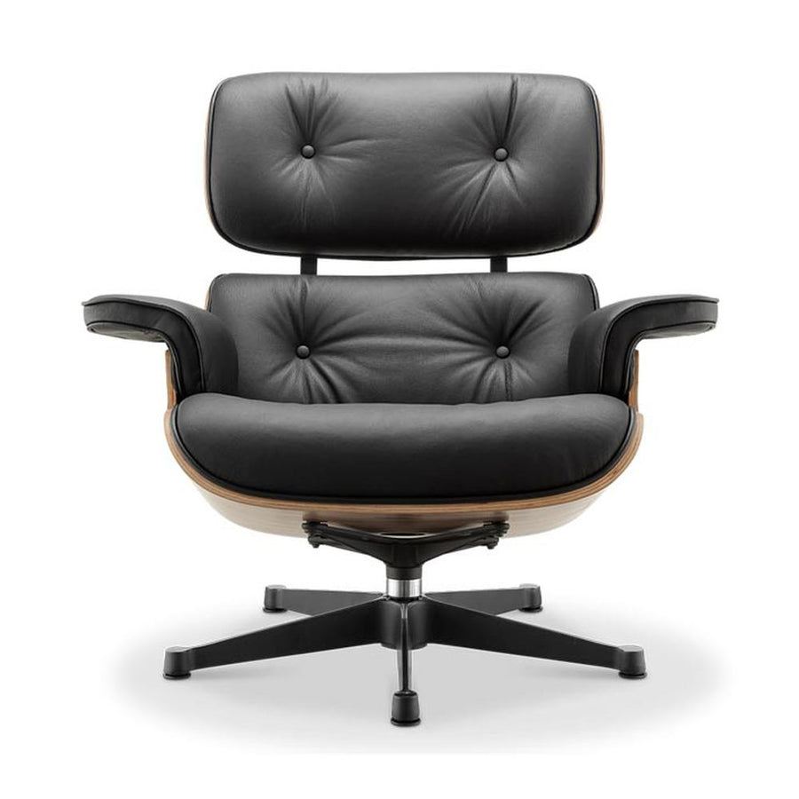 Eames Lounge Chair inspirálta pihenő fotel és ottomán rózsafa furnér fafelülettel, fekete bőr kárpittal.