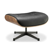 Eames Lounge Chair inspirálta pihenő fotel és ottomán rózsafa furnér fafelülettel, fekete bőr kárpittal.