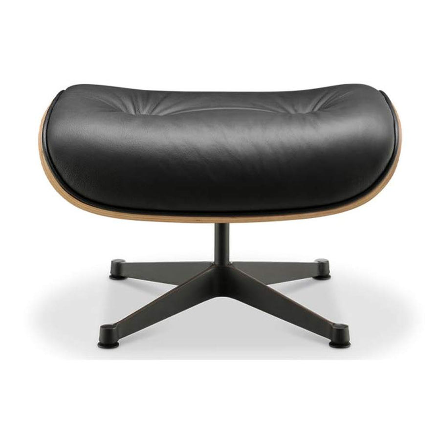 Eames Lounge Chair inspirálta pihenő fotel és ottomán rózsafa furnér fafelülettel, fekete bőr kárpittal.