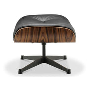 Eames Lounge Chair inspirálta pihenő fotel és ottomán rózsafa furnér fafelülettel, fekete bőr kárpittal.