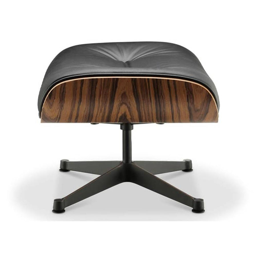 Eames Lounge Chair inspirálta pihenő fotel és ottomán rózsafa furnér fafelülettel, fekete bőr kárpittal.