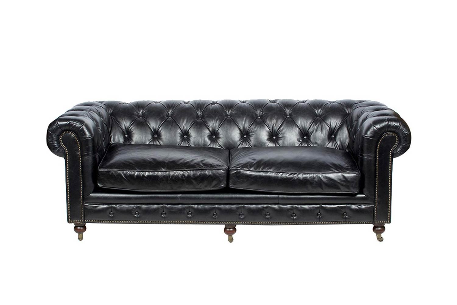 Klasszikus stílusú, antikolt fekete színű, bőr Chesterfield kanapé.