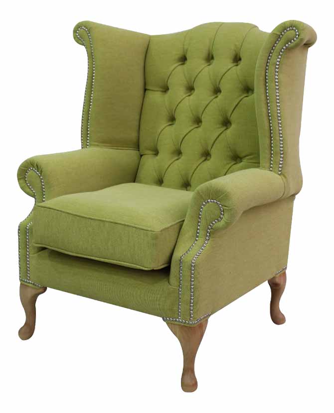 Lime zöld színű szövettel kárpitozott szárnyas Chesterfield fotel.