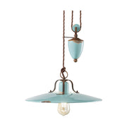 Rusztikus, vidéki stílusú, állítható magasságú, antikolt felületű mázas kerámiából és fémből készült, textilburkolatú vezetékkel kialakított, kézműves függeszték lámpa