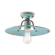 Rusztikus, vidéki stílusú, antikolt felületű mázas kerámiából és fémből készült, kézműves mennyezeti lámpa.