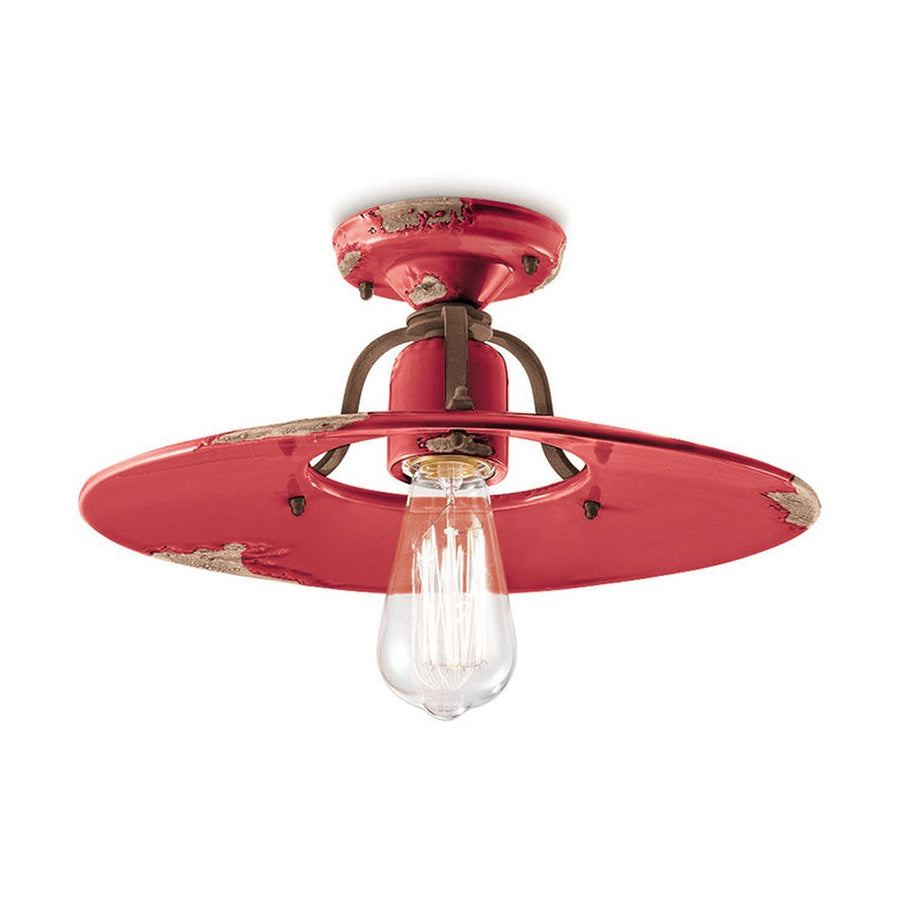 Rusztikus, vidéki stílusú, antikolt felületű mázas kerámiából és fémből készült, kézműves mennyezeti lámpa.