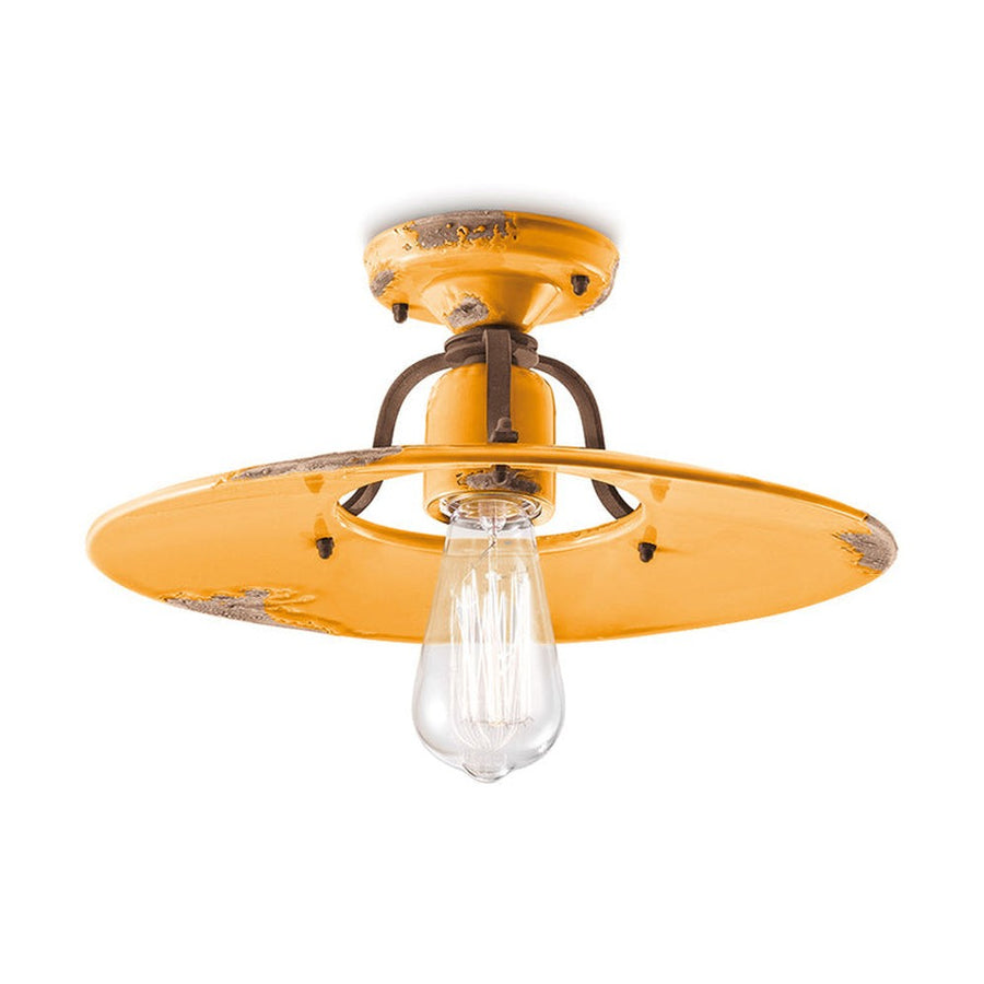 Rusztikus, vidéki stílusú, antikolt felületű mázas kerámiából és fémből készült, kézműves mennyezeti lámpa.