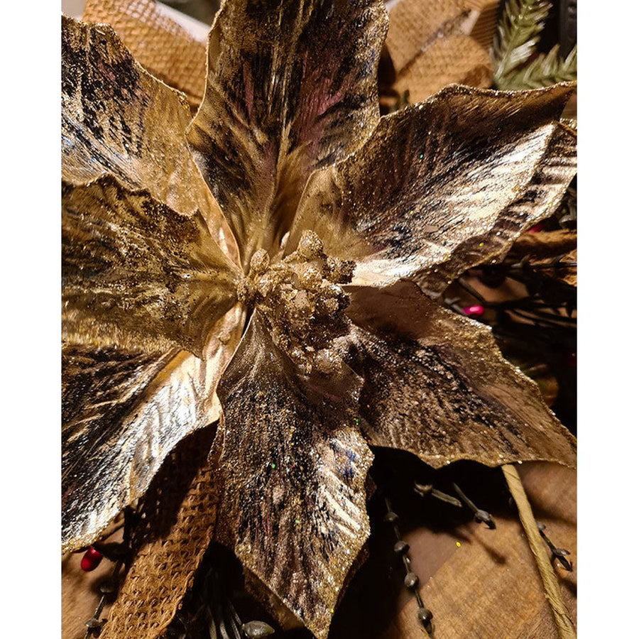 Glamour stílusú, pezsgőszínű mikulásvirág formájú karácsonyfadísz