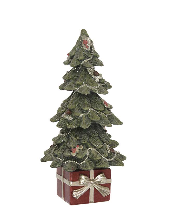 Bordószínű, aranyszínű masnival átkötött ajándékdobozon álló, 18 cm magas, dekorációs karácsonyfa.