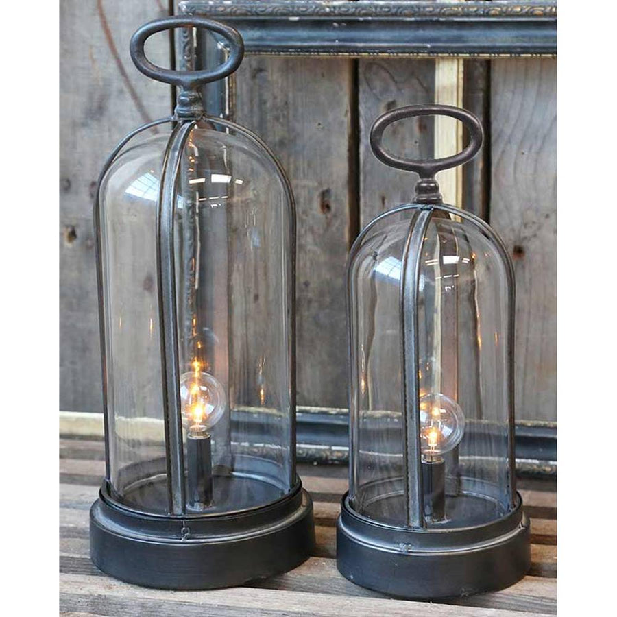 Vidéki, Country és Vintage stílusú üvegbúrás, antik fekete színű dekor fémlámpa időzíthető LED izzóva