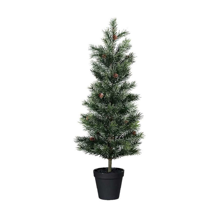 Mesterséges, 63 cm magas, tobozokkal díszített dekorációs műfenyőfa, fekete színű műanyag kaspóban