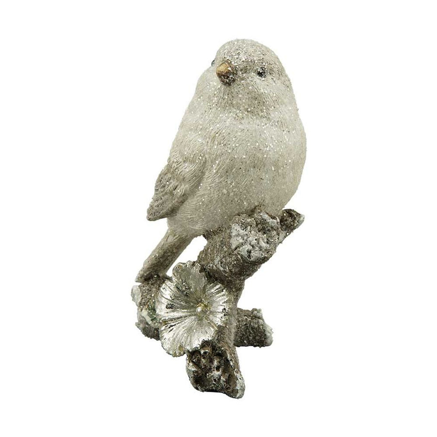 Prémium minőségű, 13 cm magas, deres felületű, karácsonyi téli madárka ezüst színű hunyorral díszített jeges faágon 