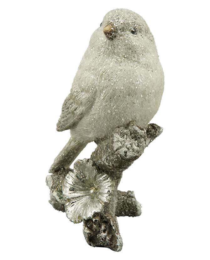 Prémium minőségű, 13 cm magas, deres felületű, karácsonyi téli madárka ezüst színű hunyorral díszített jeges faágon 