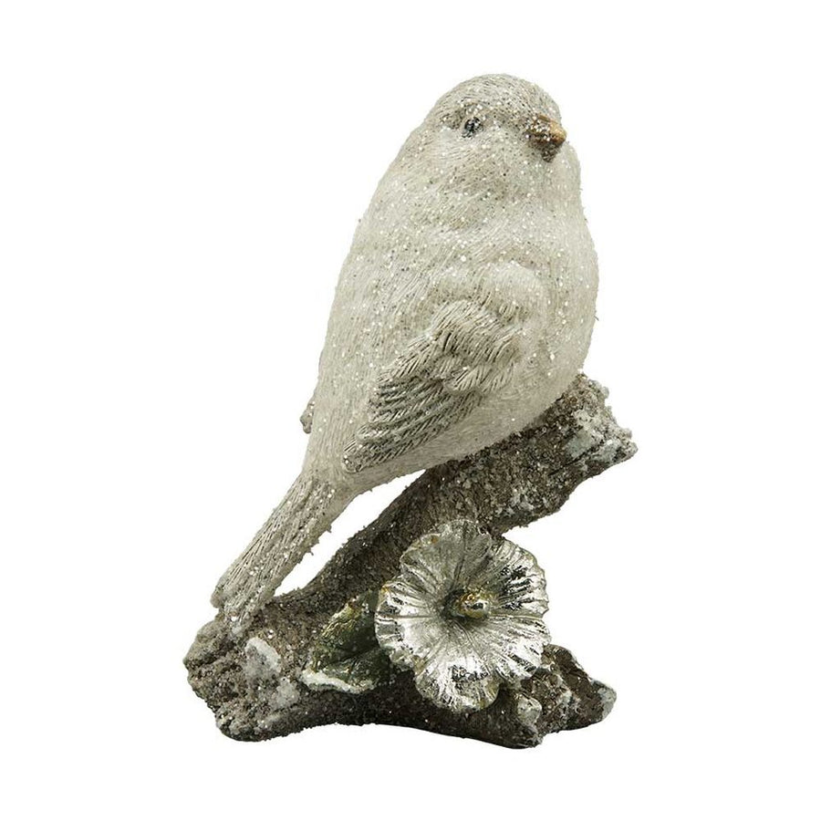 Prémium minőségű, 13 cm magas, deres felületű, karácsonyi téli madárka ezüst színű hunyorral díszített jeges faágon 