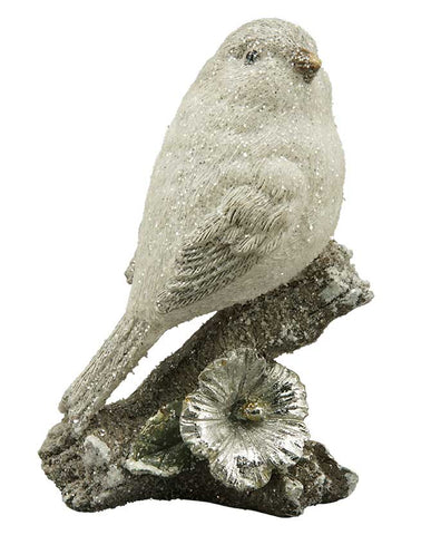 Prémium minőségű, 13 cm magas, deres felületű, karácsonyi téli madárka ezüst színű hunyorral díszített jeges faágon 