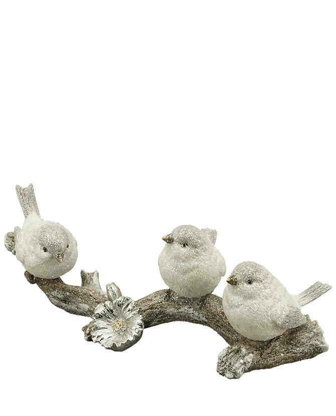 Deres felületű három darab téli karácsonyi madárka jeges faágon ezüst színű hunyorral