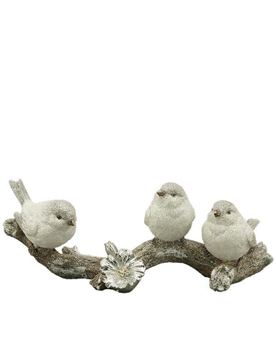 Deres felületű három darab téli karácsonyi madárka jeges faágon ezüst színű hunyorral