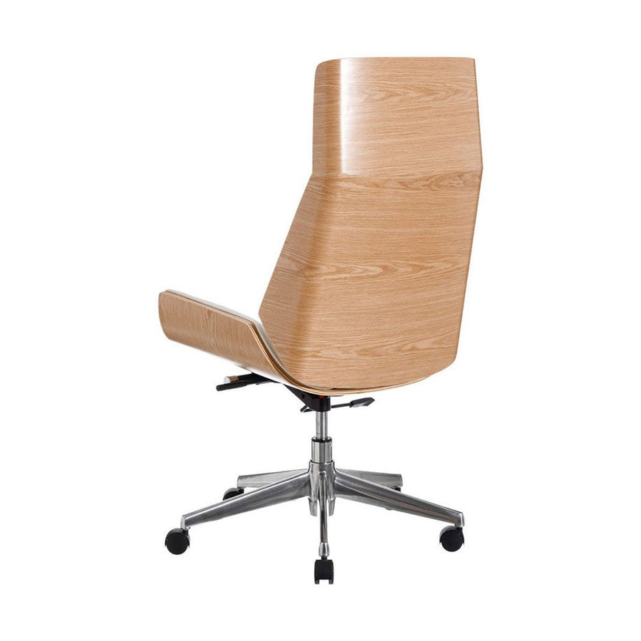 Prémium kategóriás, "modern" illetve "loft" stílusú, állítható magasságú, dió furnéros, fehér műbőr kárpitú, kerekes irodai vezetői forgószék hátoldali képe