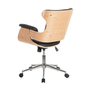 Prémium kategóriás, modern illetve loft stílusú, állítható magasságú, dió furnéros, fekete műbőr kárpitú, kerekes irodai vezetői forgószék