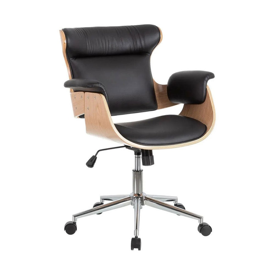 Prémium kategóriás, modern illetve loft stílusú, állítható magasságú, dió furnéros, fekete műbőr kárpitú, kerekes irodai vezetői forgószék