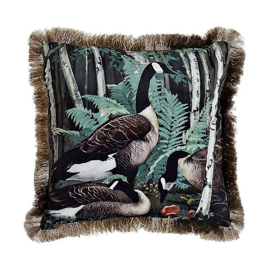 Vintage stílusú, vadludakkal díszített díszpárna óarany színű rojtszegéllyel