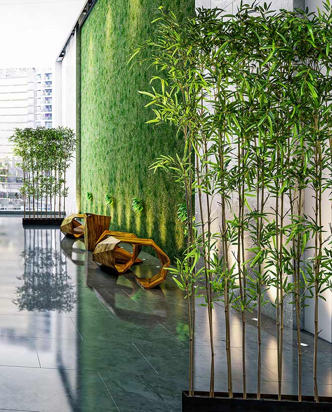 Zöld színű, UV álló, mű térelválasztó bambusz dekornövény.