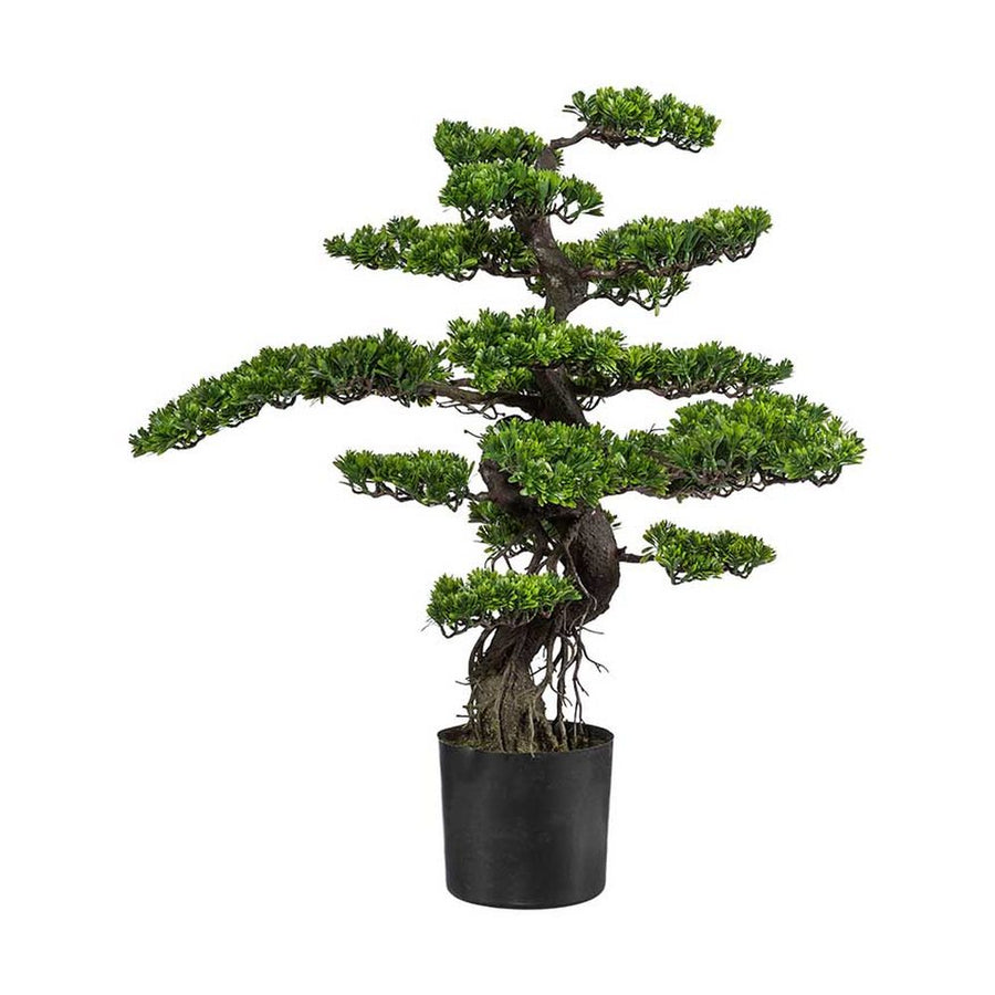 Nagyméretű, 90 cm magas, mesterséges bonsai fa, fekete színű műanyag cserépben.